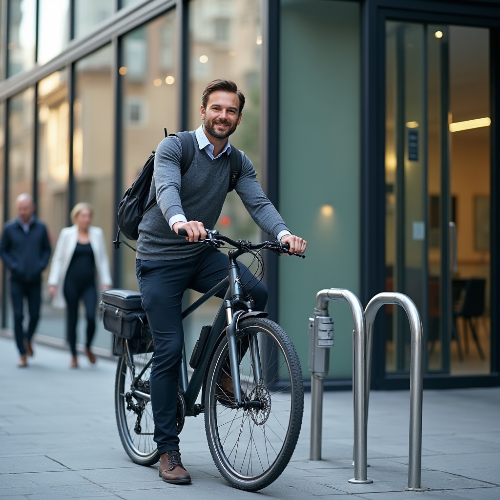 Cyclist arriving at a modern glass office building with pannier bags, locking bike at secure indoor rack