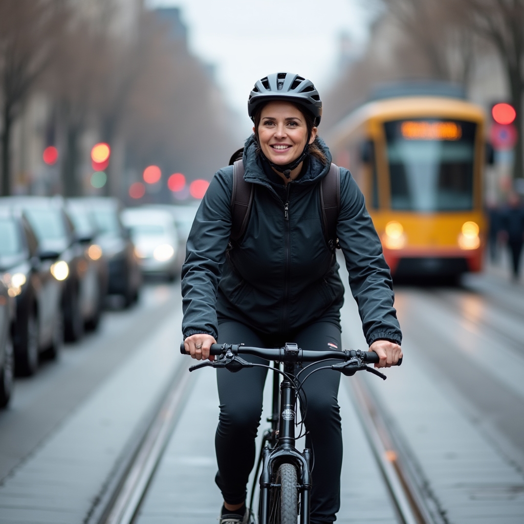 Bike commuter navigating Wrocław streets during morning rush hour with cycling infrastructure visible
